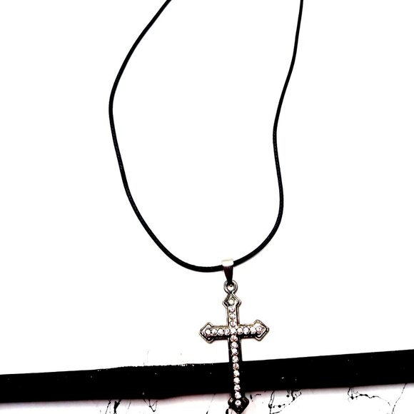 Black + Rhinestone Cross On Black Cord Choker Necklace 17" - Picture 1 of 10